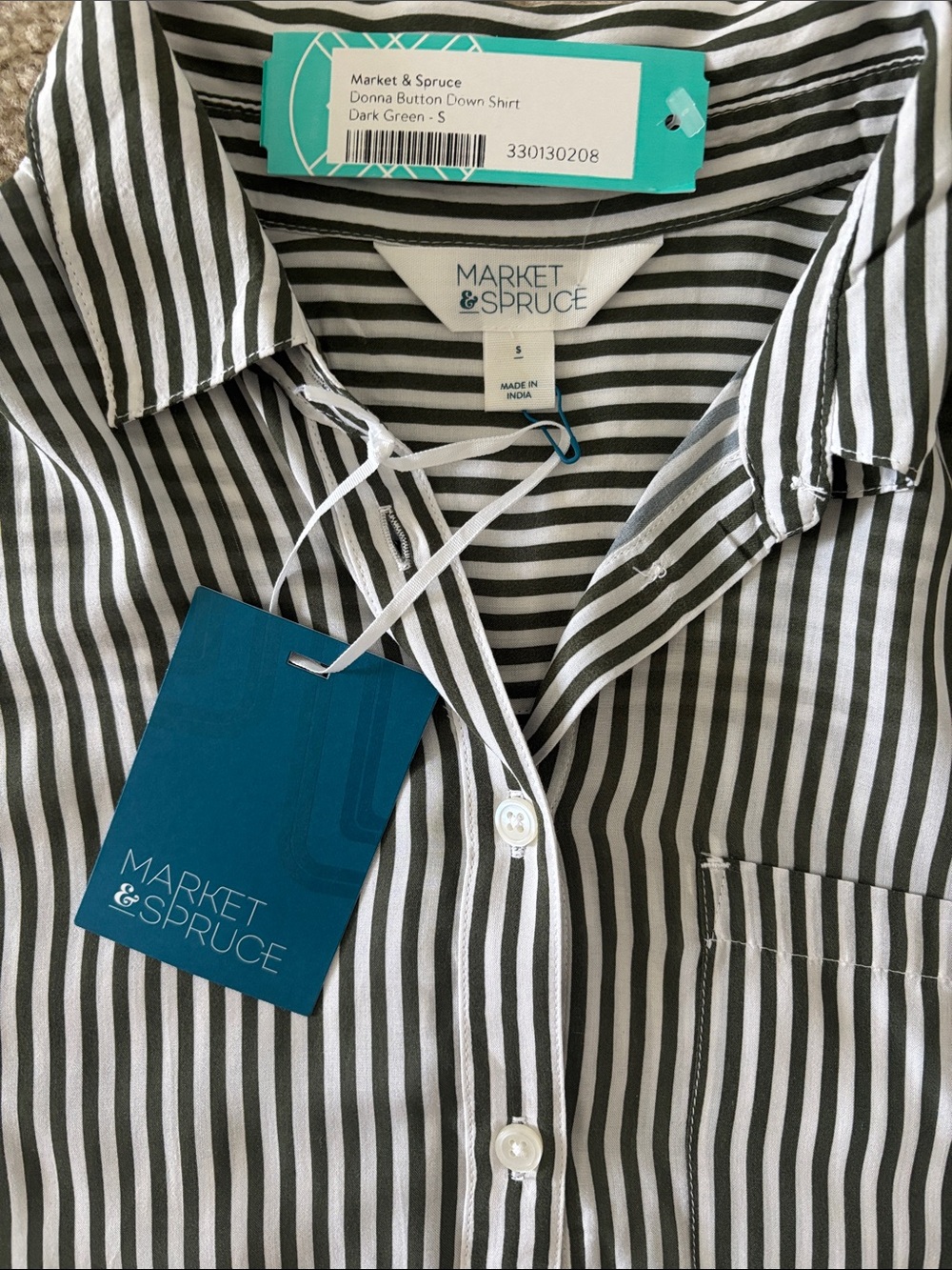 Green & White Vertical Stripe Button-Down Blouse - Picture 5 of 8